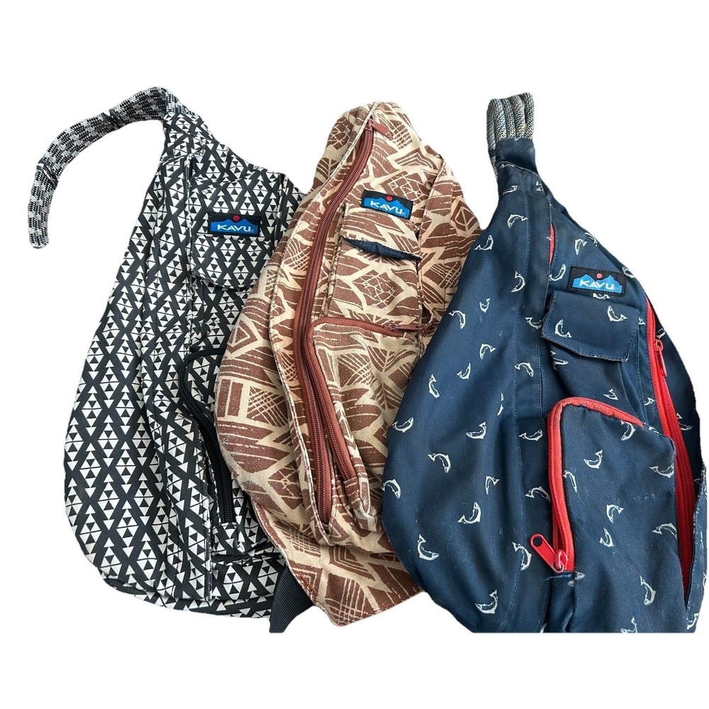 KAVU Rope Sling Bag Aztec Blue Brown Geometric Dolphins Set Bundled Lot Of 3